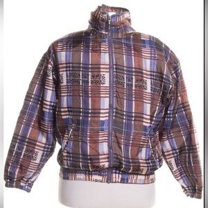 •ABVIEN•VINTAGE PLAID LEOPARD PRINT 100% SILK RETRO FULL ZIP JACKET SIZE MEDIUM